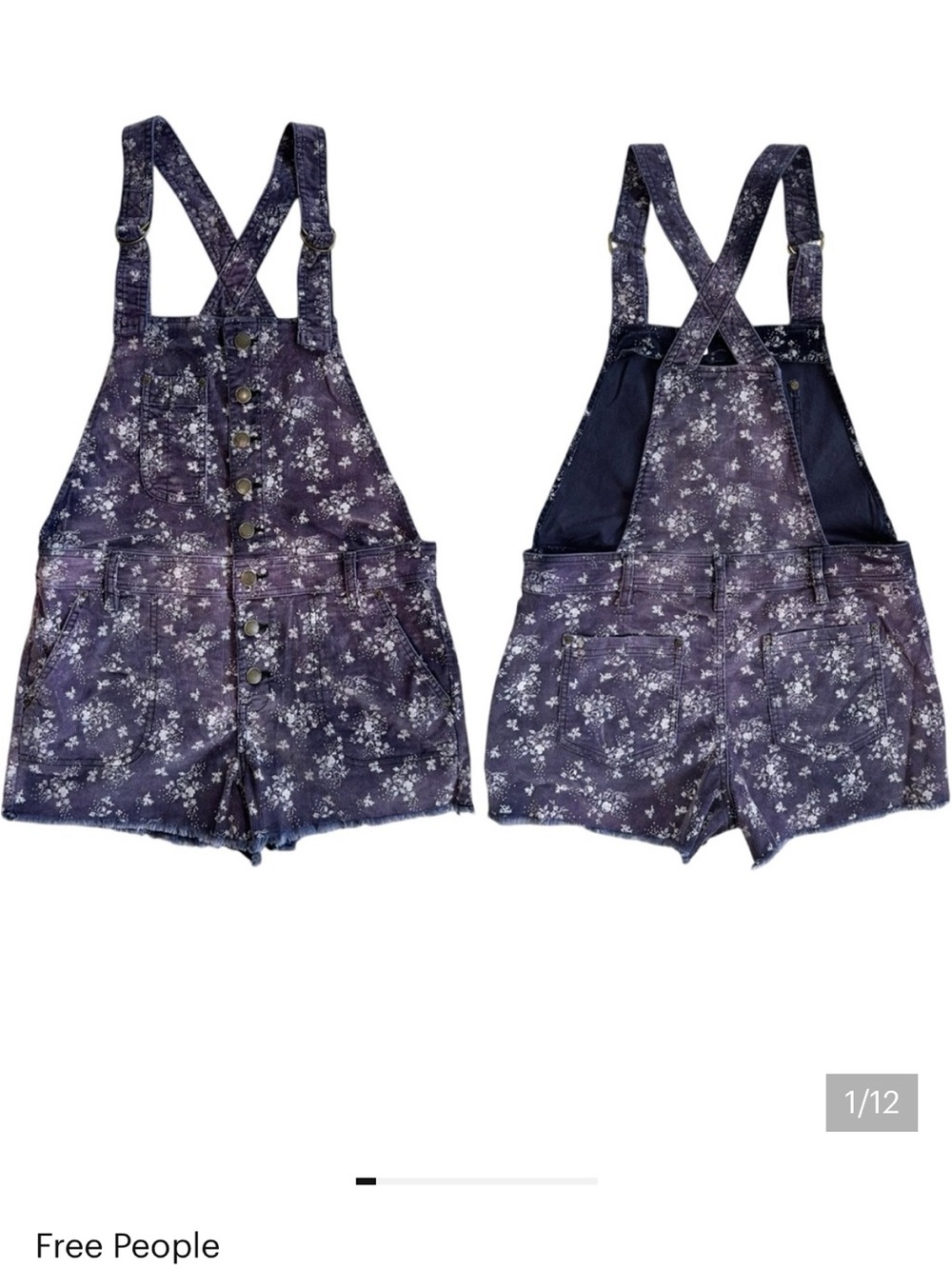 Free People Faded Purple Floral Print Corduroy Shorts Overalls Size 6